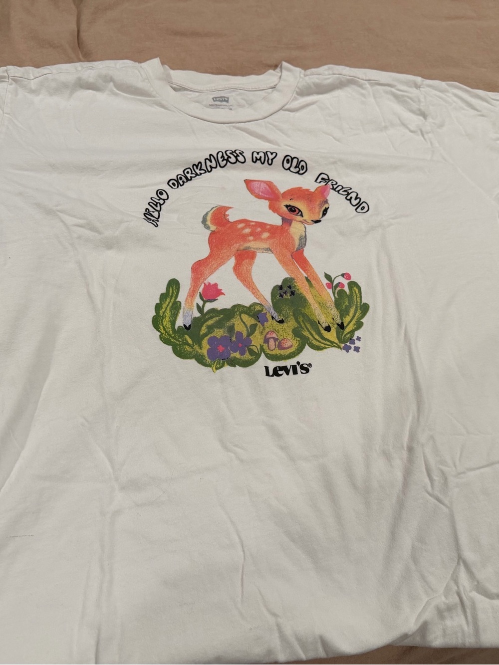 Levi's White Tee with Orange Deer and Green Foliage Graphic